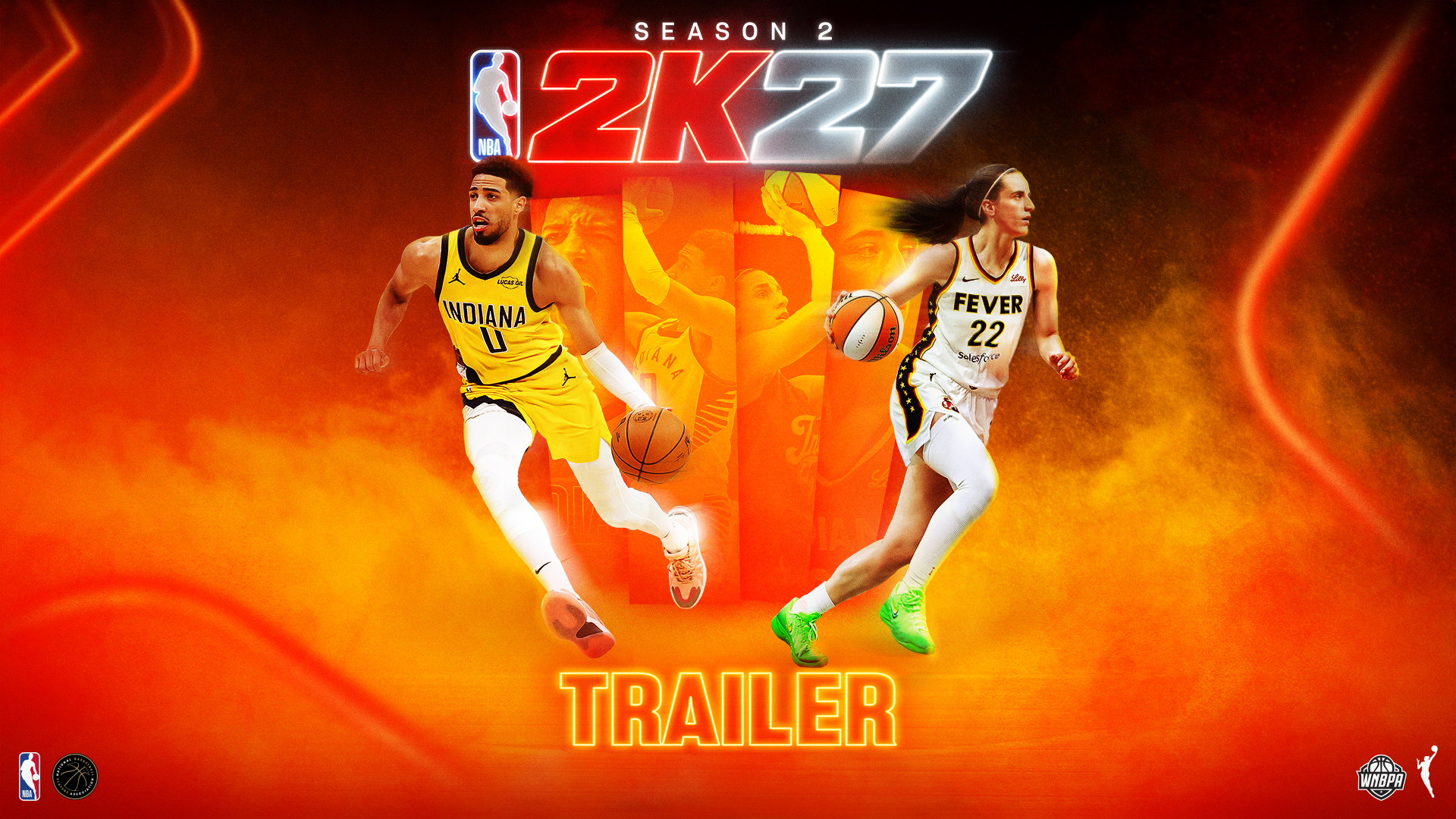 NBA 2K27 Season 2 key art featuring Tyrese Haliburton and Caitlin Clark